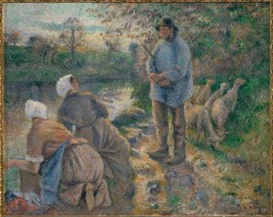 Pastor y lavanderas (pintura sobre lienzo) de Camille Pissarro