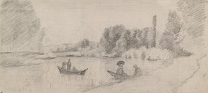 Estudio de un paisaje fluvial con barcos, 1863-1864 de Camille Pissarro