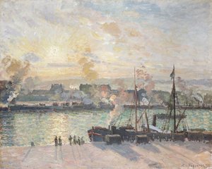 Puesta de sol, el puerto de Rouen, barcos de vapor