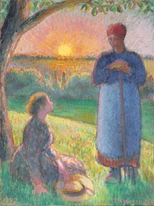Campesinos parlanchines, Puesta de sol, Eragny de Camille Pissarro
