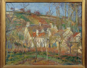 Los Tejados Rojos, esquina del pueblo, invierno de Camille Pissarro