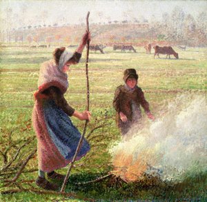 Escarcha blanca, mujer partiendo leña de Camille Jacob Pissarro