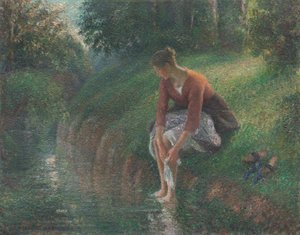 Mujer bañándose los pies en un arroyo de Camille Pissarro
