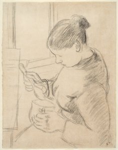 Joven campesina tomando su café de Camille Pissarro