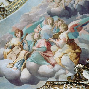 Detalle de los ángeles músicos de la bóveda del coro (fresco)