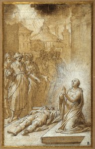 Santa mujer rezando junto al cuerpo de un hombre muerto (pluma fina y tinta marrón con lavado marrón y realce) de Camillo Procaccini