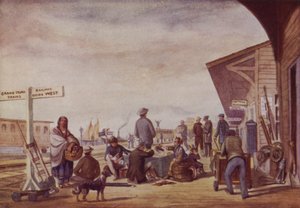 Inmigrantes en una estación de ferrocarril, Toronto (litografía en color) de Canadian School