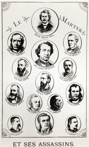 Louis Riel (1844-85) y sus asesinos, ilustración de Le Gibet de Regina, publicada en 1886 de Canadian School