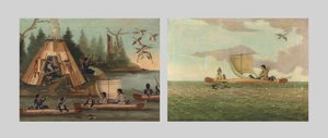 Campamento indio Mi’qmak en una bahía con Mi’qmaks disparando a gansos canadienses; y Mi’qmak indios cazando gansos canadienses, principios del siglo XIX