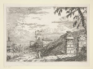 Paisaje con torre y dos pilares en ruinas, de la serie Vedute (Vistas)