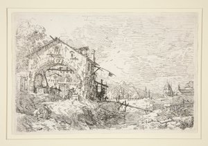 Paisaje con mujer junto a un pozo, de la serie Vedute (Vistas) de Canaletto (Giovanni Antonio Canal)