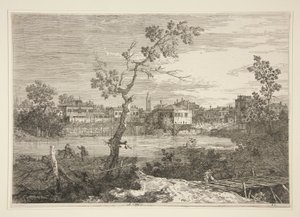 Vista de un pueblo a la orilla de un río, de la serie Vedute (Vistas) de Canaletto (Giovanni Antonio Canal)