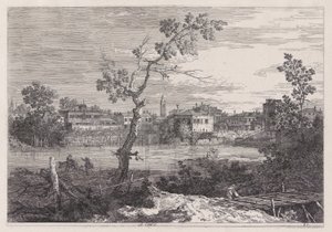 Vista de un pueblo a la orilla de un río, de la serie Vedute (Vistas) de Canaletto (Giovanni Antonio Canal)