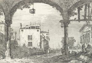 Un pórtico de tres arcos con una linterna colgando en el centro, un arco triunfal y ruinas, 1735-46 de Canaletto