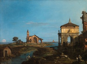 Una isla en la laguna con una puerta de entrada y una iglesia de Canaletto