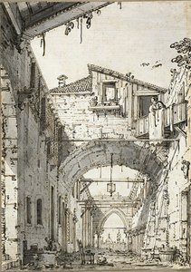 Capricho: Una calle cruzada por arcos (recto) Bocetos de puerta, escalera y segundo piso de edificio (verso) de Canaletto