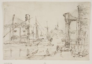Capricho con ruinas clásicas en un muelle, un cobertizo para botes, dos galeras, dos mástiles de un barco de vela detrás de ellos, una iglesia con cúpula en el fondo de Canaletto