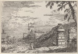 Paisaje con torre y dos pilares en ruinas de Canaletto