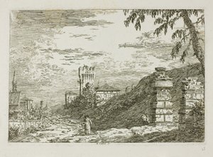 Paisaje con torre y dos pilares en ruinas, de Vedute