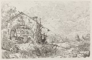 Paisaje con una Mujer en un Pozo [abajo a la izquierda], c. 1735-1746 de Canaletto