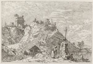 Paisaje con el peregrino en oración [arriba a la izquierda], c. 1735-1746 de Canaletto