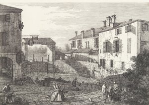 Las esclusas en Dolo, una cuenca ovalada con barcos en el centro, edificios a ambos lados, 1735-46