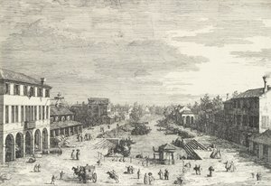 Vista de Mestre, una posada a la izquierda y otros edificios varios que bordean el canal, de 