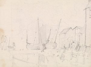 Boceto de veleros varados y casitas de zancos, Hastings de Capt. Thomas Hastings