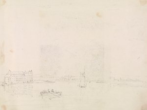 Boceto de barcos y un gran edificio, desde el otro lado del río Medina de Capt. Thomas Hastings