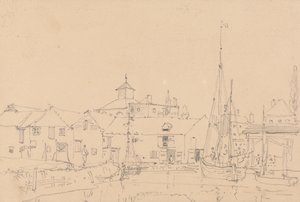 Boceto de veleros amarrados junto a un pueblo de Capt. Thomas Hastings