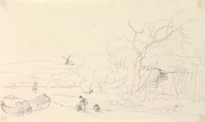 Boceto de una cabaña junto al río con un molino de viento a lo lejos de Capt. Thomas Hastings