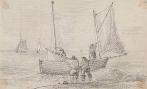 Boceto de un grupo preparando las velas cerca de la orilla, Hastings de Capt. Thomas Hastings