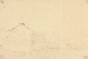 Boceto de un castillo en lo alto de una colina con casas debajo de Capt. Thomas Hastings