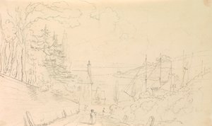 Croquis de una carretera que desciende hasta la orilla con barcos atracados de Capt. Thomas Hastings