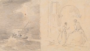 Boceto de un barco en una tormenta y boceto de una familia agrupada junto a un arco de Capt. Thomas Hastings
