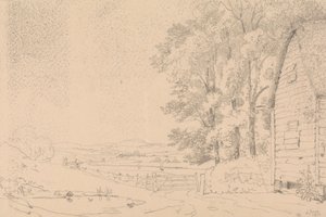 Boceto de un edificio con tejado de paja y un río más allá de Capt. Thomas Hastings