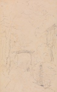 Boceto de una carretera arbolada y un puente, Shorwell