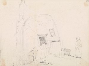 Dibujo de una mujer cerca de una cabaña