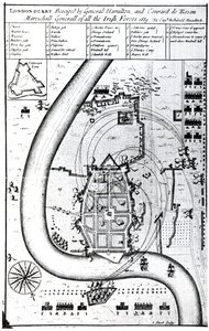 Londonderry sitiada por el General Hamilton y Conrad de Rosen, grabado por J. Sturt, 1689 de Captain Archibald Maculloch