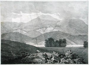Vista de parte del lago y cabañas en Ottacamund, montañas de Neelgherry, lámina 3 de Vista de los Neilgherries, o Montañas Azules de Coimbetoor, India del Sur por el Capitán McCurdy, publicado en 1830 de Captain E. A. after McCurdy