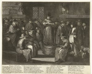 Caricatura de los cuáqueros ingleses, hacia 1656 Quaaker Meeting / Fronti Nulla Fides / The Quaakers Meeting (título sobre el objeto) de Carel Allard
