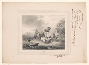 Granjero con sus animales huyendo de un huracán El huracán (título sobre el objeto) de Carel Christiaan Antony Last