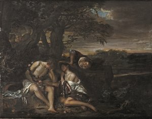 Una pareja durmiendo, descubierta por tres mujeres en un paisaje arcádico (óleo sobre tabla) de Carel De Moor II (attr. to)