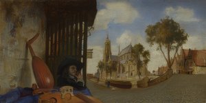 Vista de Delft con puesto de vendedor de instrumentos musicales