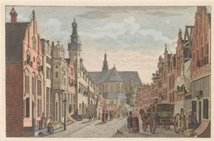 Langestraat en Alkmaar, hacia 1790 Langestraat, Ayuntamiento y Grote Kerk en Alkmaar / Rue longue - Hotel de Ville - et grande Eglise à Alkmaar (título sobre objeto) de Carel Frederik Bendorp (I)