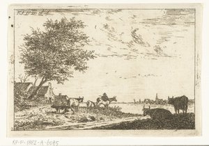 Paisaje fluvial con granjero y vacas en la granja. Paisajes (título de la serie) de Carel Frederik Bendorp (I)