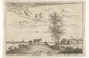 Impresión de título con paisaje de río con vacas. Paisajes (título de la serie) de Carel Frederik Bendorp (I)