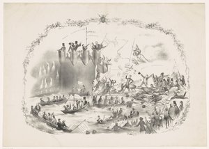 Caricatura que representa los planes de Thorbecke para abolir la Universidad de Ciencias Aplicadas de Utrecht, 1863 Una batalla entre dos elementos poderosos (título sobre objeto)