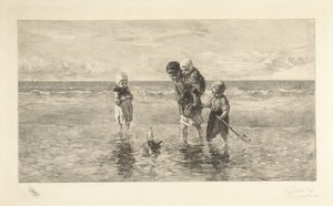 Cuatro niños juegan con un bote de juguete en la playa en aguas poco profundas hijos del mar de Carel Lodewijk Dake