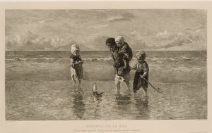 Cuatro niños juegan con un barco de juguete en la playa en aguas poco profundas
Niños del mar
Enfants de la mer (título en el objeto) de Carel Lodewijk Dake